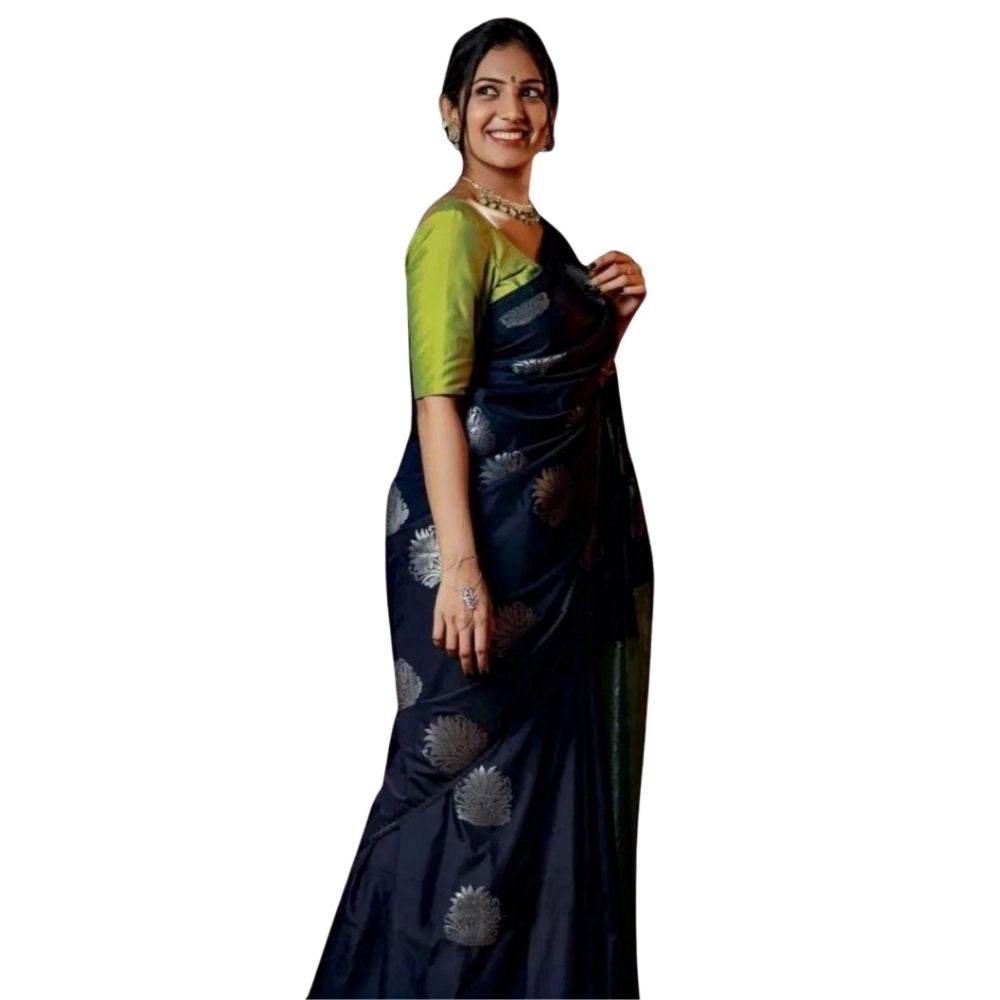 Generic Women's Silk Printed Saree With Unstitched Blouse 5.5Mtr (Navy Blue) - MYLUXURY LANE ENTERPRISE
