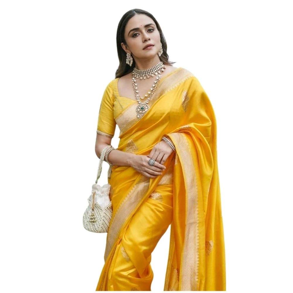 Generic Women's Silk Printed Saree With Unstitched Blouse 5.5Mtr (Yellow) - MYLUXURY LANE ENTERPRISE