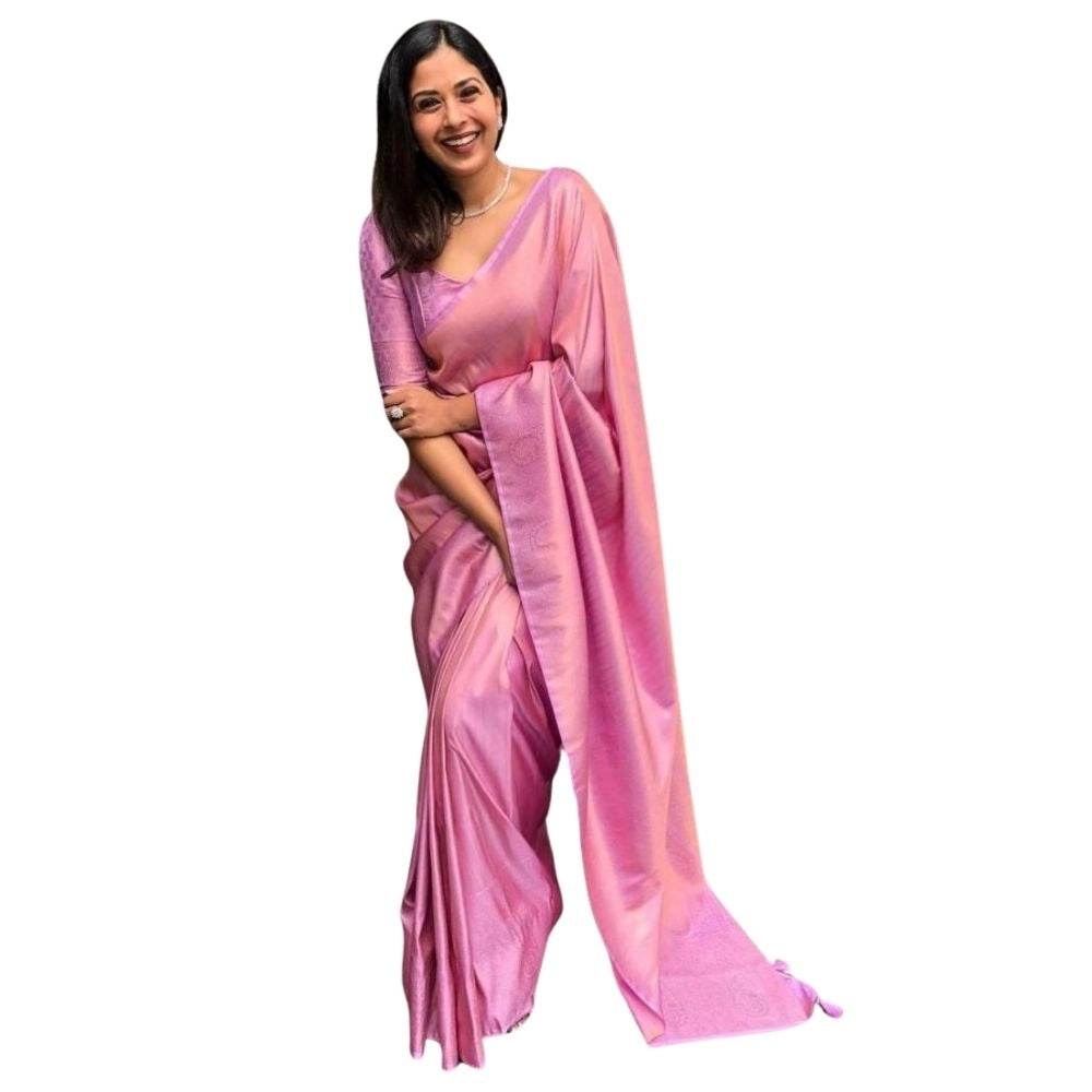 Generic Women's Silk Printed Saree With Unstitched Blouse 5.5Mtr (Pink) - MYLUXURY LANE ENTERPRISE