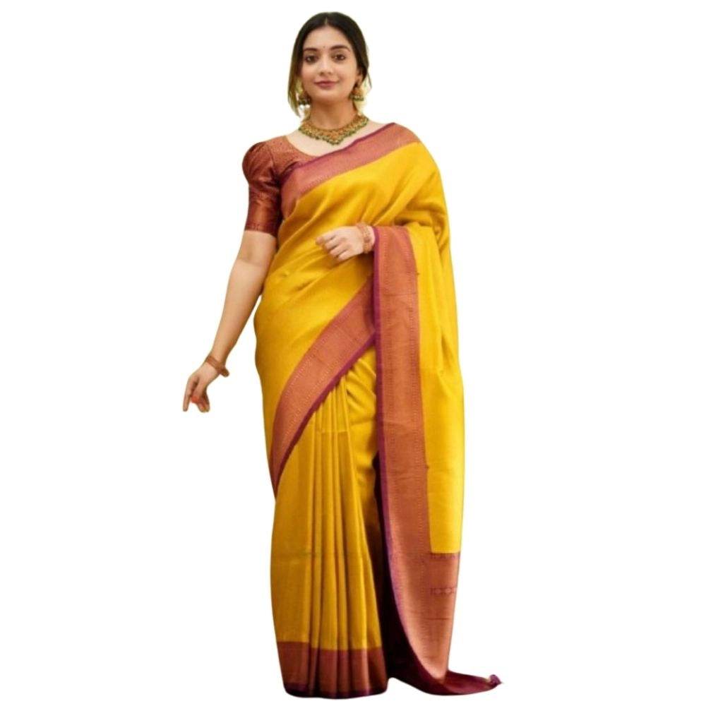 Generic Women's Silk Printed Saree With Unstitched Blouse 5.5Mtr (Yellow) - MYLUXURY LANE ENTERPRISE