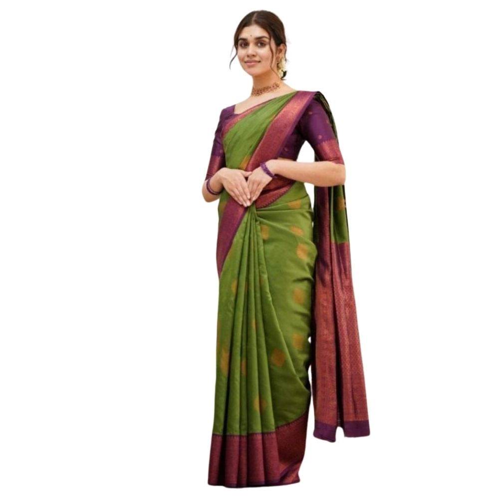 Generic Women's Silk Printed Saree With Unstitched Blouse 5.5Mtr (Green) - MYLUXURY LANE ENTERPRISE