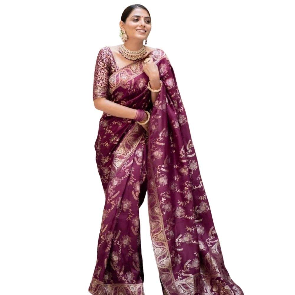 Generic Women's Silk Printed Saree With Unstitched Blouse 5.5Mtr (Wine) - MYLUXURY LANE ENTERPRISE