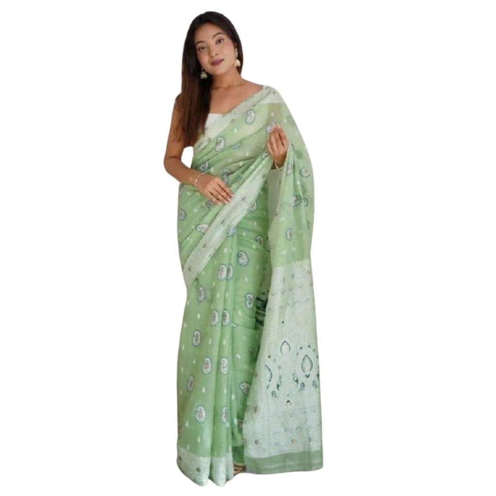 Generic Women's Cotton Printed Saree With Unstitched Blouse 5.5Mtr (Pista) - MYLUXURY LANE ENTERPRISE