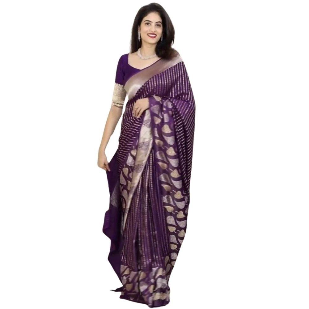 Generic Women's Silk Printed Saree With Unstitched Blouse 5.5Mtr (Purple) - MYLUXURY LANE ENTERPRISE