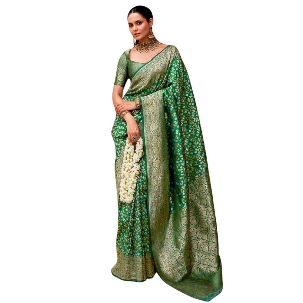 Generic Women's Silk Printed Saree With Unstitched Blouse 5.5Mtr (Green) - MYLUXURY LANE ENTERPRISE