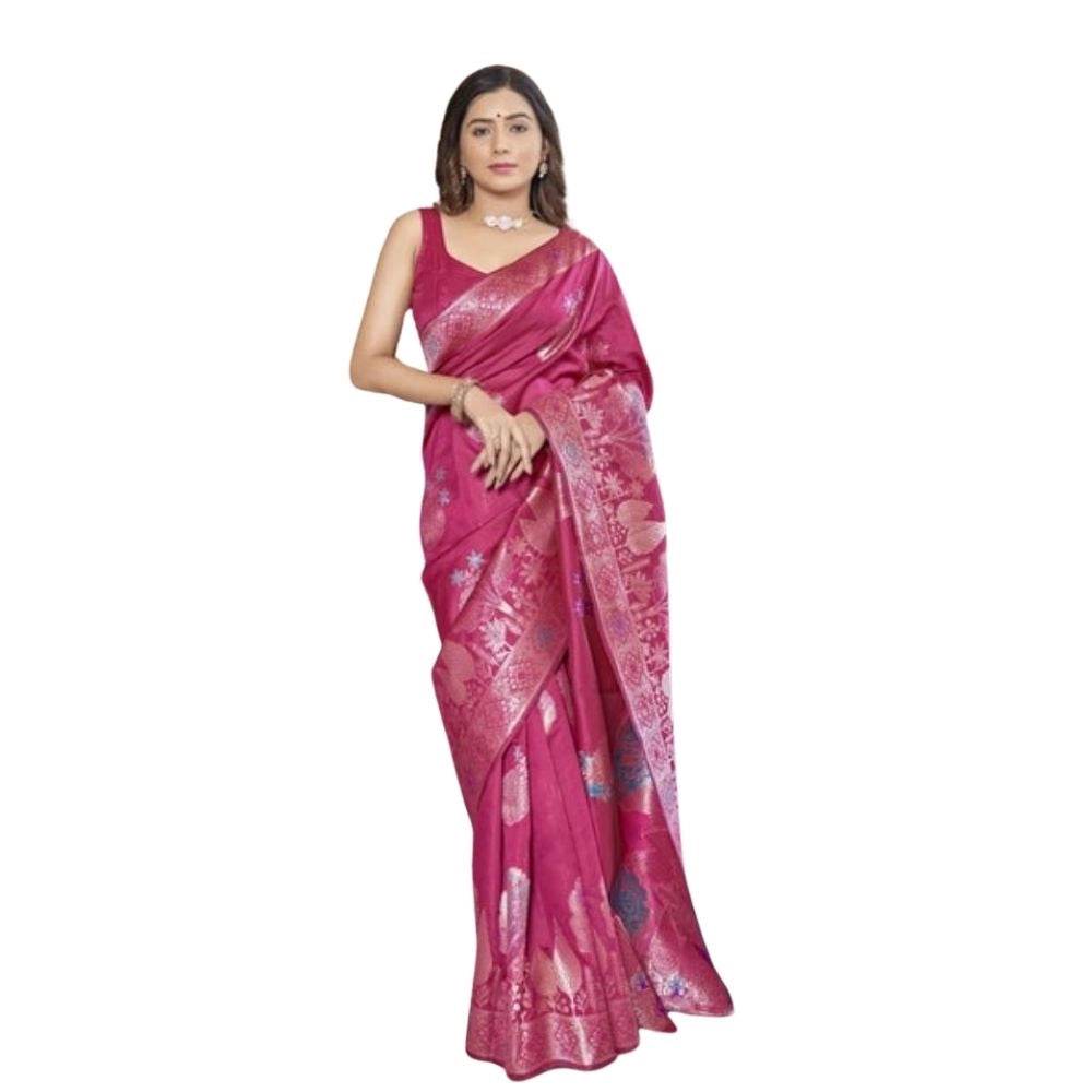 Generic Women's Silk Printed Saree With Unstitched Blouse 5.5Mtr (Rani Pink) - MYLUXURY LANE ENTERPRISE