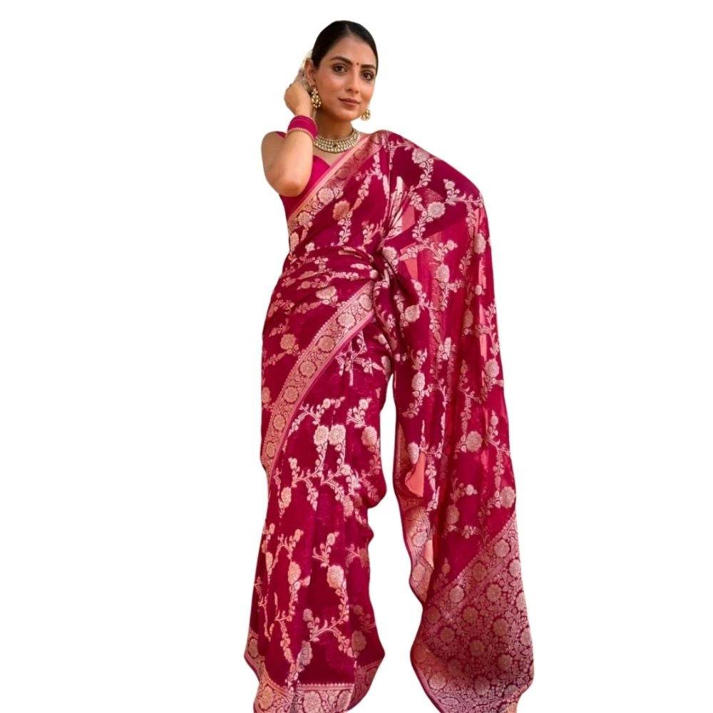 Generic Women's Silk Printed Saree With Unstitched Blouse 5.5Mtr (Pink) - MYLUXURY LANE ENTERPRISE