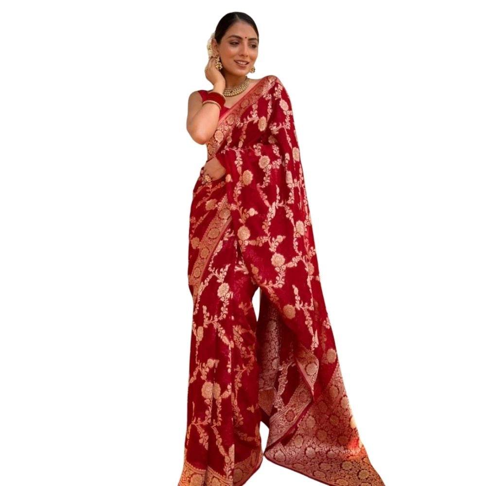 Generic Women's Silk Printed Saree With Unstitched Blouse 5.5Mtr (Red) - MYLUXURY LANE ENTERPRISE