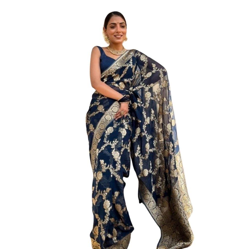 Generic Women's Silk Printed Saree With Unstitched Blouse 5.5Mtr (Dark Blue) - MYLUXURY LANE ENTERPRISE