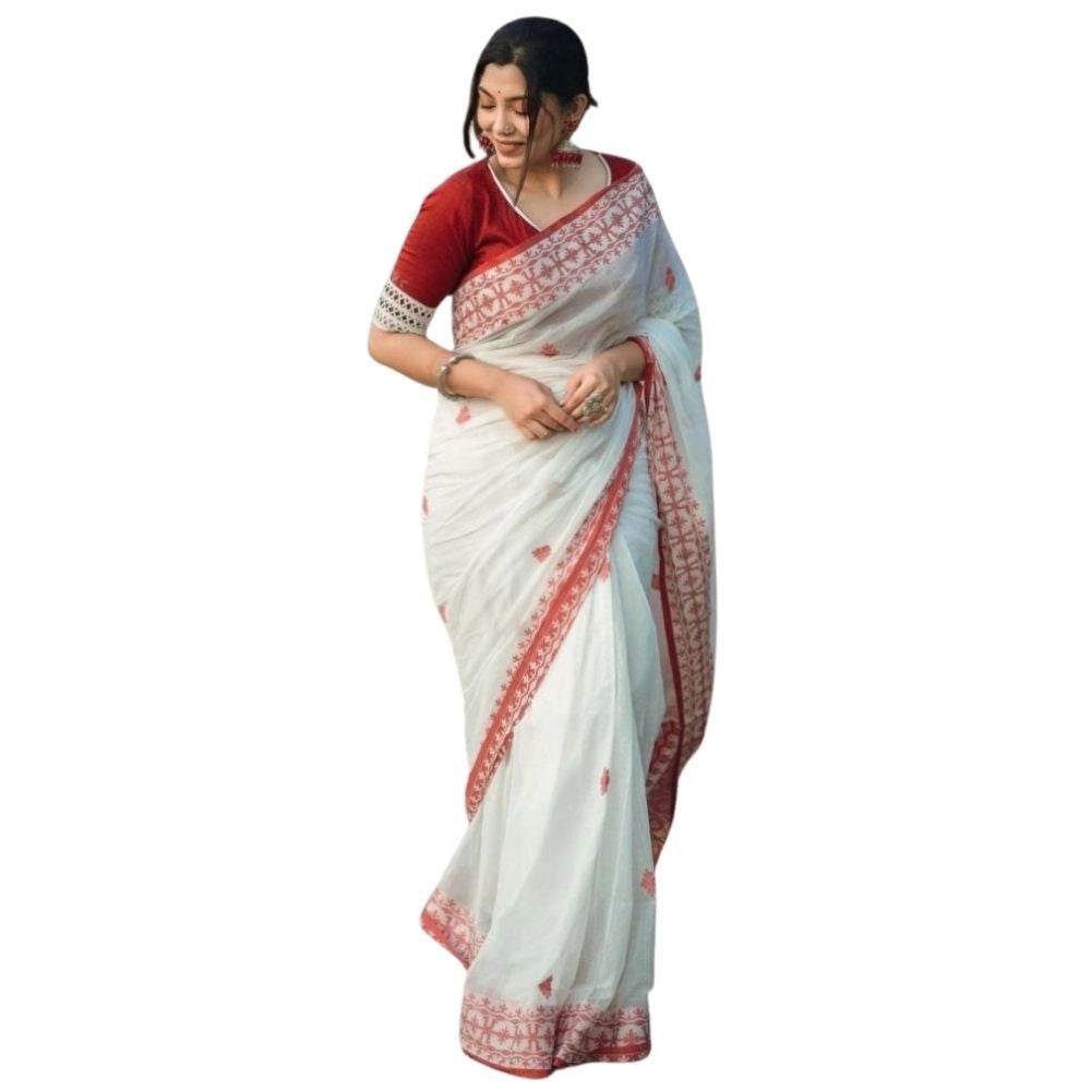 Generic Women's Cotton Printed Saree With Unstitched Blouse 5.5Mtr (White-Red) - MYLUXURY LANE ENTERPRISE