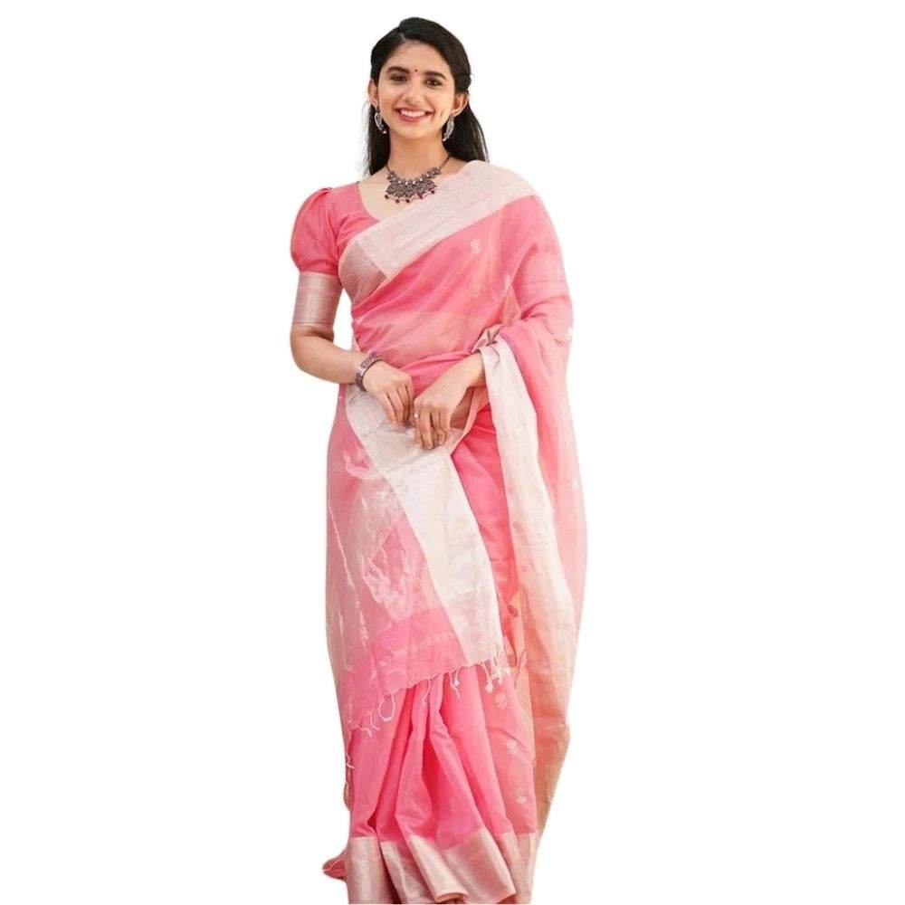 Generic Women's Cotton Printed Saree With Unstitched Blouse 5.5Mtr (Pink) - MYLUXURY LANE ENTERPRISE