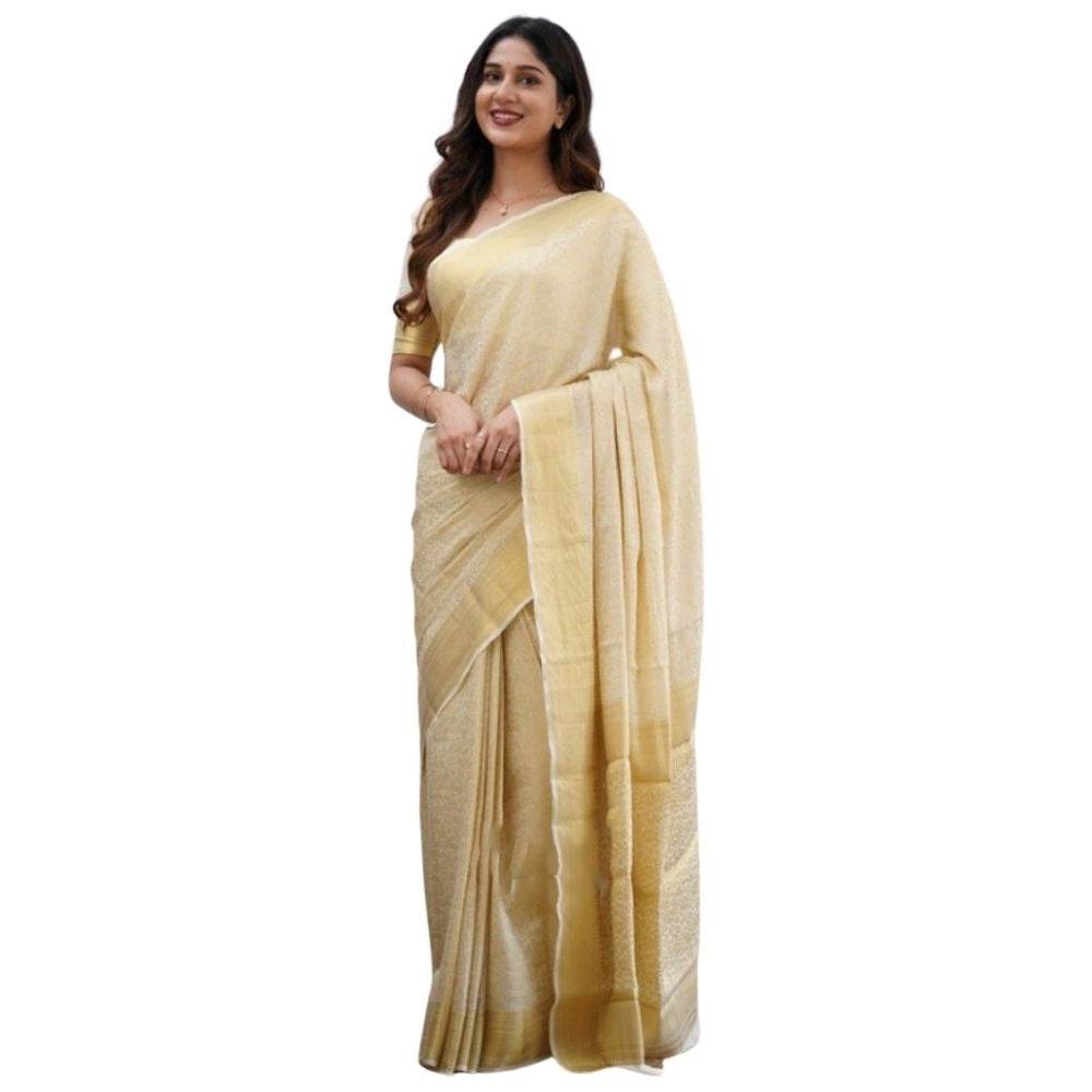 Generic Women's Silk Printed Saree With Unstitched Blouse 5.5Mtr (Cream) - MYLUXURY LANE ENTERPRISE