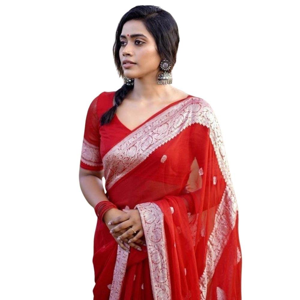 Generic Women's Cotton Printed Saree With Unstitched Blouse 5.5Mtr (Red) - MYLUXURY LANE ENTERPRISE