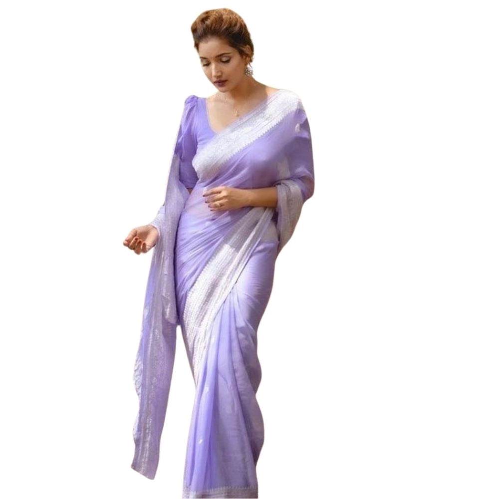 Generic Women's Cotton Printed Saree With Unstitched Blouse 5.5Mtr (Lavender) - MYLUXURY LANE ENTERPRISE