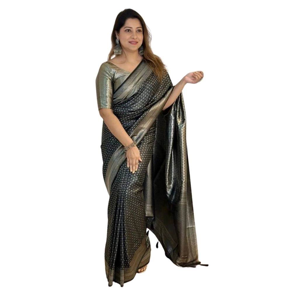 Generic Women's Silk Printed Saree With Unstitched Blouse 5.5Mtr (Black) - MYLUXURY LANE ENTERPRISE