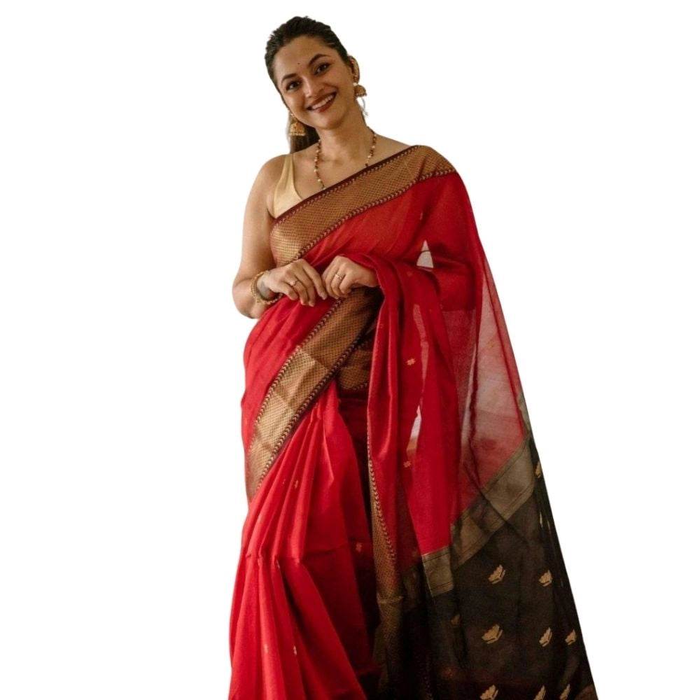 Generic Women's Cotton Printed Saree With Unstitched Blouse 5.5Mtr (Red) - MYLUXURY LANE ENTERPRISE
