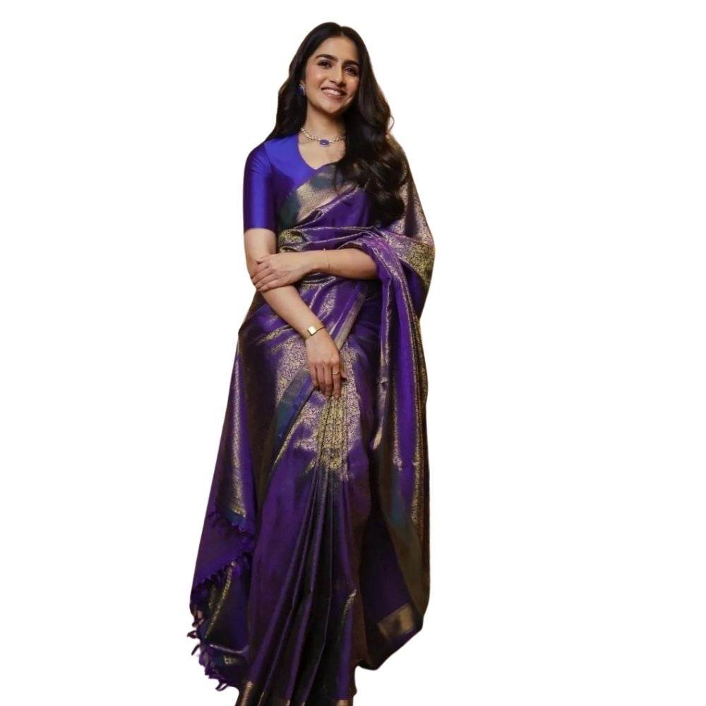 Generic Women's Silk Printed Saree With Unstitched Blouse 5.5Mtr (Purple) - MYLUXURY LANE ENTERPRISE