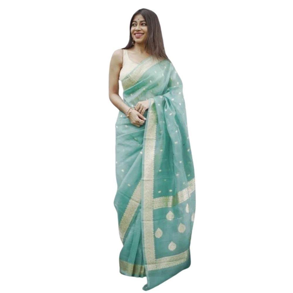 Generic Women's Cotton Printed Saree With Unstitched Blouse 5.5Mtr (Sky) - MYLUXURY LANE ENTERPRISE