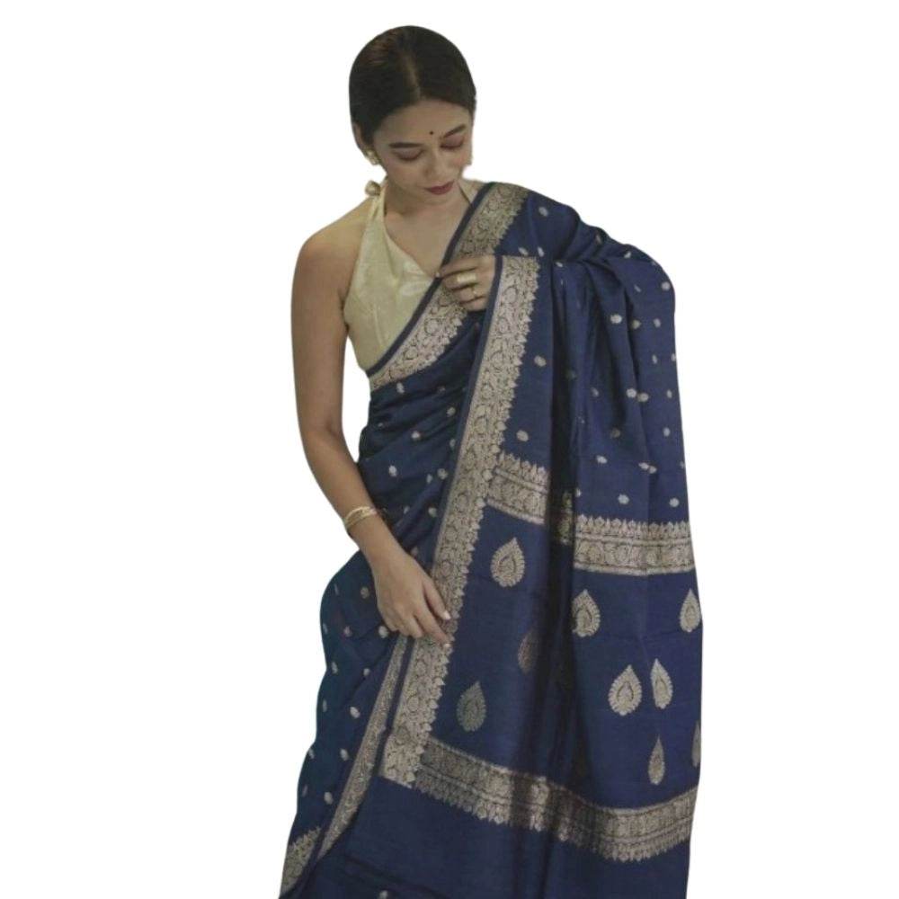 Generic Women's Cotton Printed Saree With Unstitched Blouse 5.5Mtr (Navy Blue) - MYLUXURY LANE ENTERPRISE