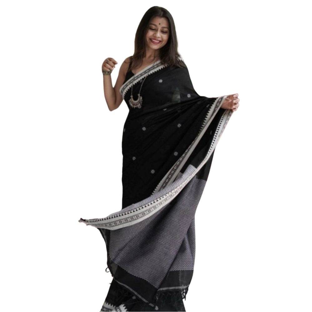 Generic Women's Cotton Printed Saree With Unstitched Blouse 5.5Mtr (Black) - MYLUXURY LANE ENTERPRISE