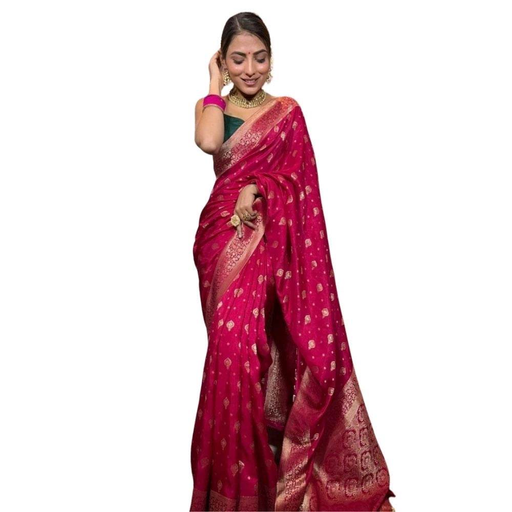 Generic Women's Silk Printed Saree With Unstitched Blouse 5.5Mtr (Rani Pink) - MYLUXURY LANE ENTERPRISE