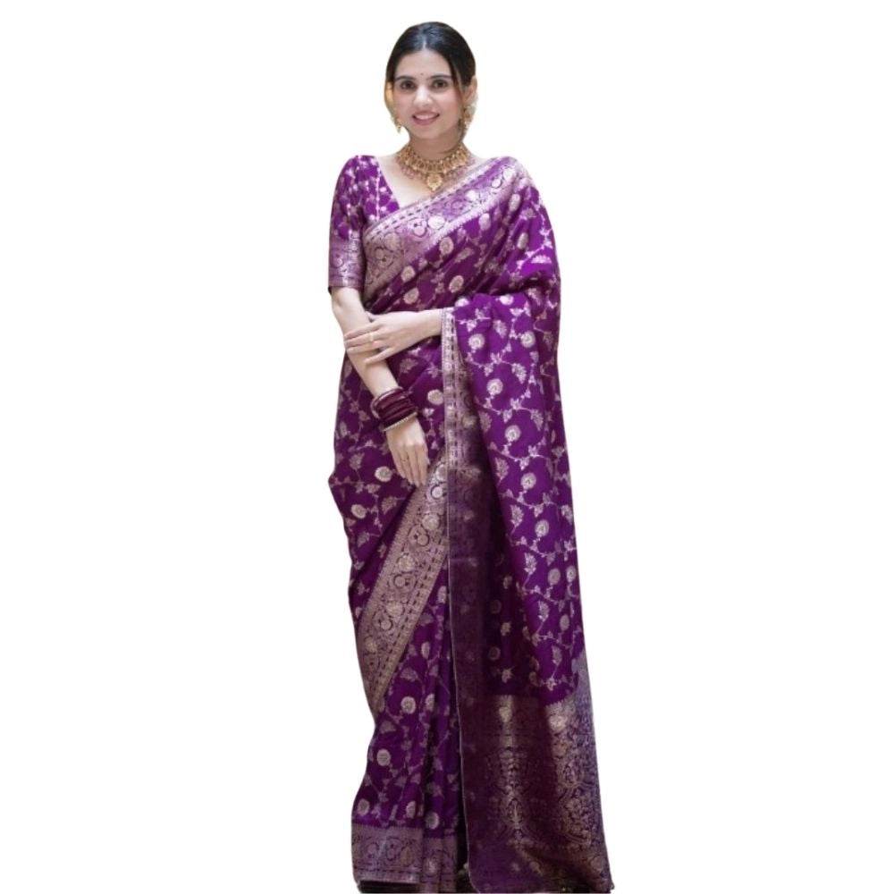 Generic Women's Silk Printed Saree With Unstitched Blouse 5.5Mtr (Purple) - MYLUXURY LANE ENTERPRISE