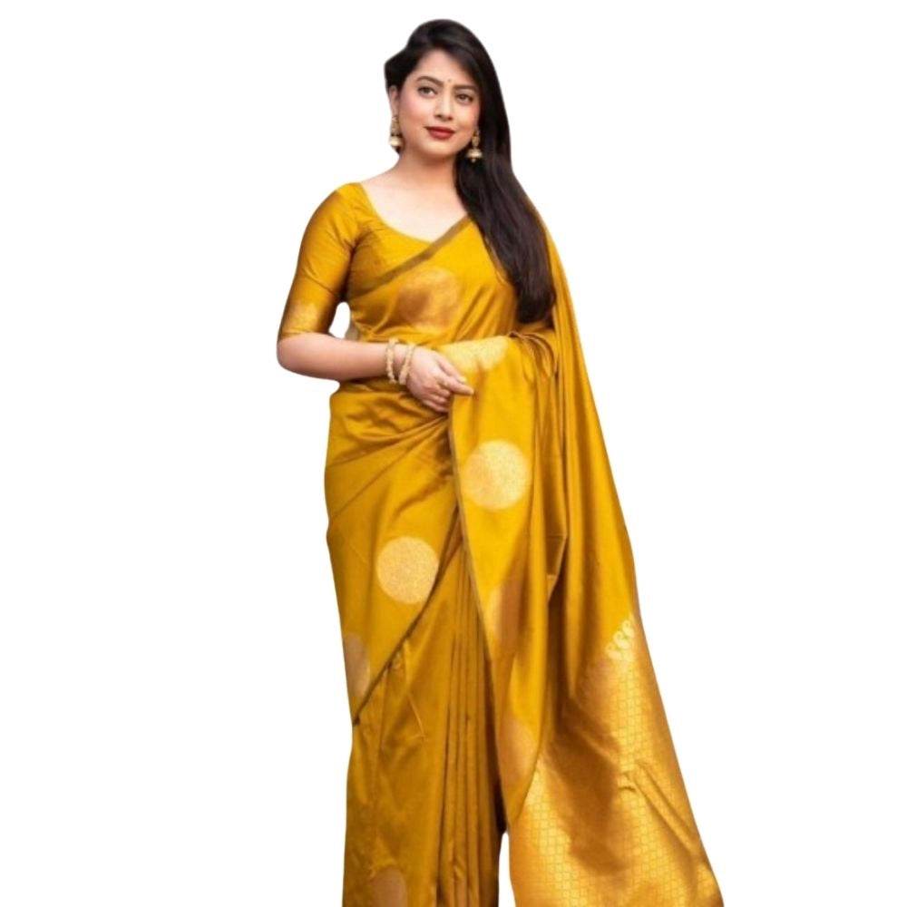 Generic Women's Silk Printed Saree With Unstitched Blouse 5.5Mtr (Yellow) - MYLUXURY LANE ENTERPRISE