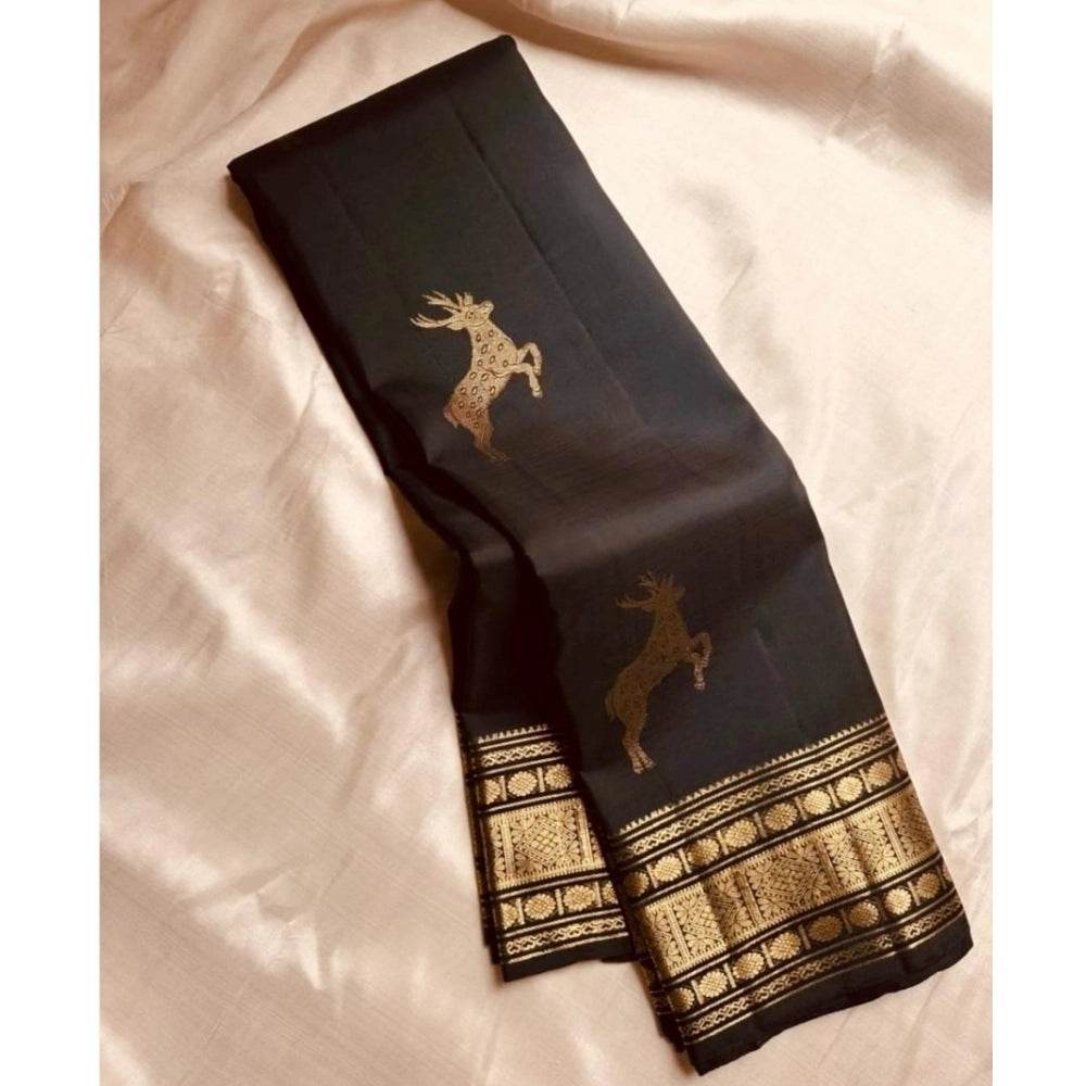 Generic Women's Silk Printed Saree With Unstitched Blouse 5.5Mtr (Black) - MYLUXURY LANE ENTERPRISE