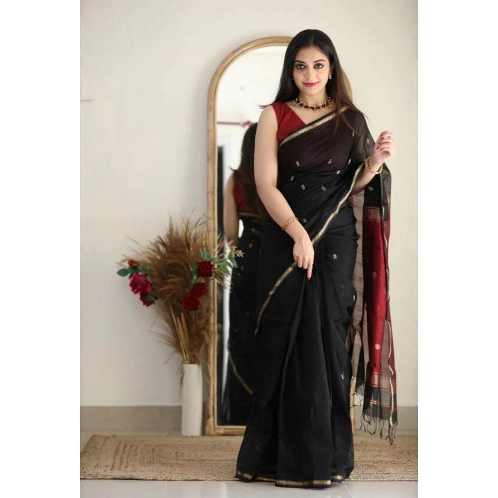 Generic Women's Cotton Printed Saree With Unstitched Blouse 5.5Mtr (Black) - MYLUXURY LANE ENTERPRISE