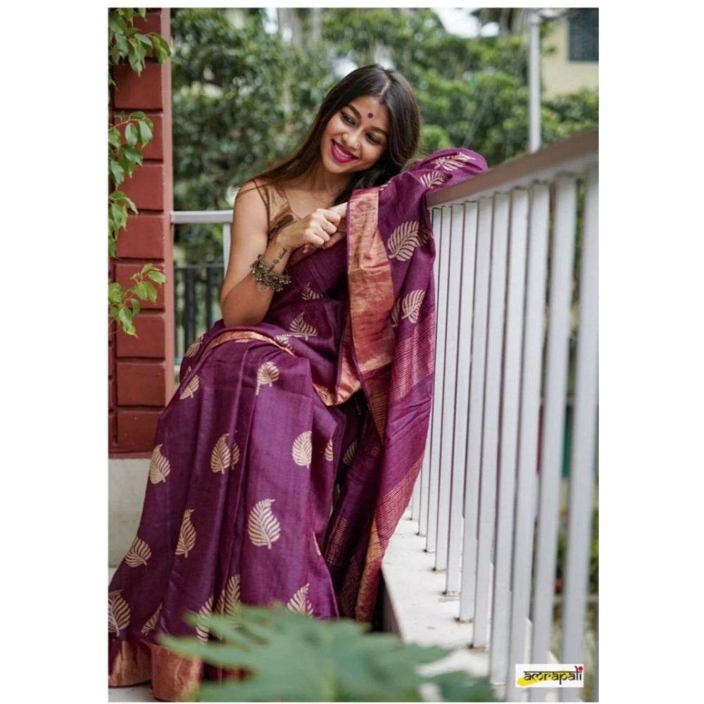Generic Women's Silk Printed Saree With Unstitched Blouse 5.5Mtr (Purple) - MYLUXURY LANE ENTERPRISE