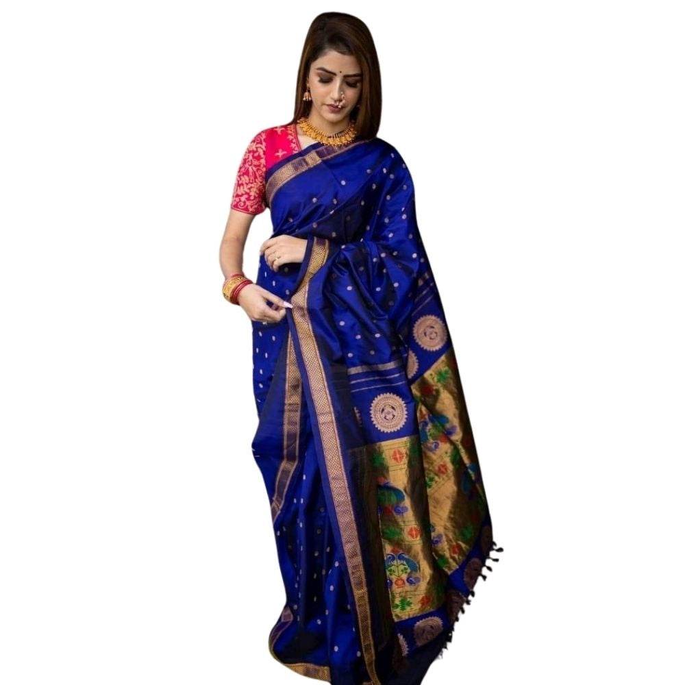 Generic Women's Silk Printed Saree With Unstitched Blouse 5.5Mtr (Blue) - MYLUXURY LANE ENTERPRISE