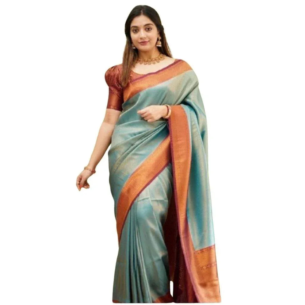 Generic Women's Silk Printed Saree With Unstitched Blouse 5.5Mtr (Rama) - MYLUXURY LANE ENTERPRISE
