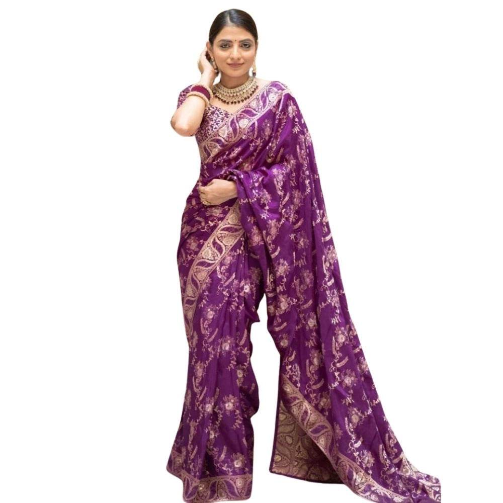 Generic Women's Silk Printed Saree With Unstitched Blouse 5.5Mtr (Purple) - MYLUXURY LANE ENTERPRISE