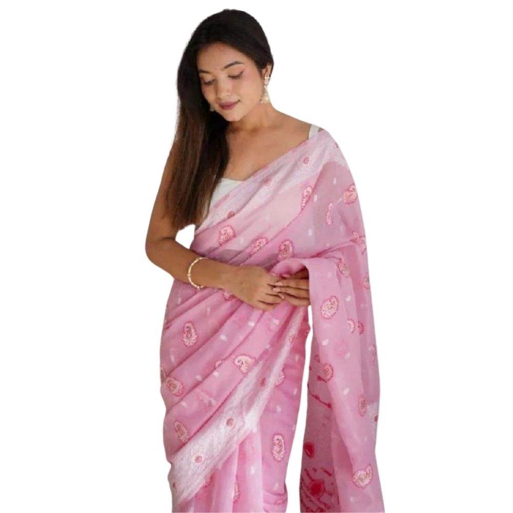 Generic Women's Cotton Printed Saree With Unstitched Blouse 5.5Mtr (Pink) - MYLUXURY LANE ENTERPRISE