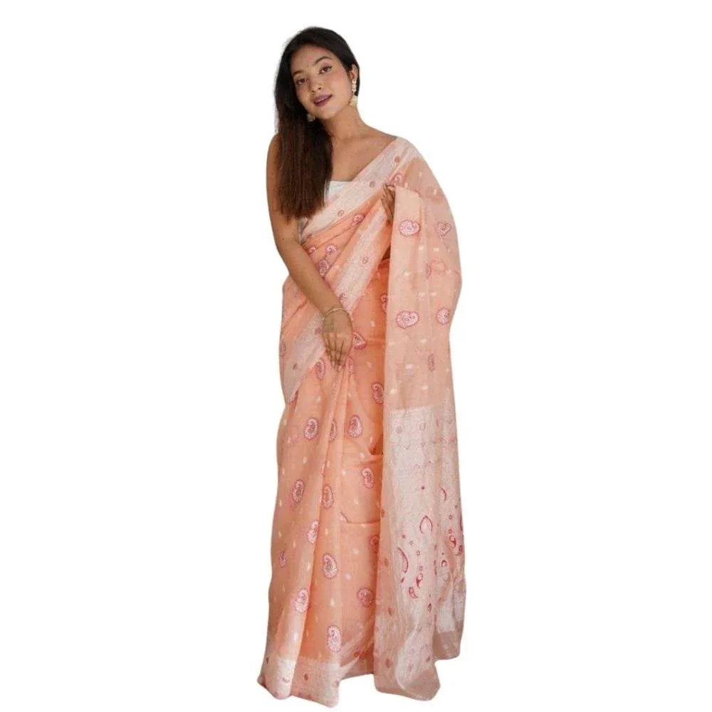 Generic Women's Cotton Printed Saree With Unstitched Blouse 5.5Mtr (Peach) - MYLUXURY LANE ENTERPRISE