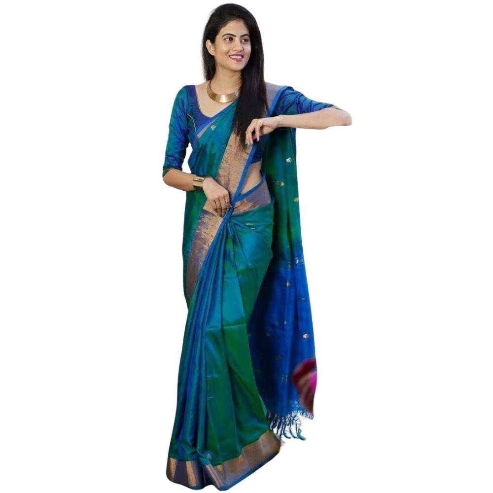 Generic Women's Silk Printed Saree With Unstitched Blouse 5.5Mtr (Blue) - MYLUXURY LANE ENTERPRISE