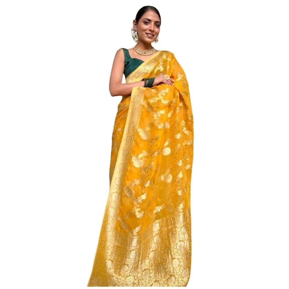 Generic Women's Silk Printed Saree With Unstitched Blouse 5.5Mtr (Gold Yellow) - MYLUXURY LANE ENTERPRISE