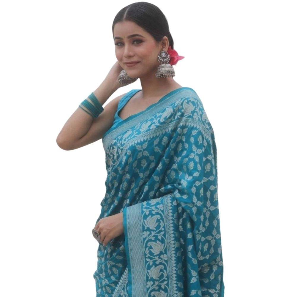 Generic Women's Silk Printed Saree With Unstitched Blouse 5.5Mtr (Sky Blue) - MYLUXURY LANE ENTERPRISE