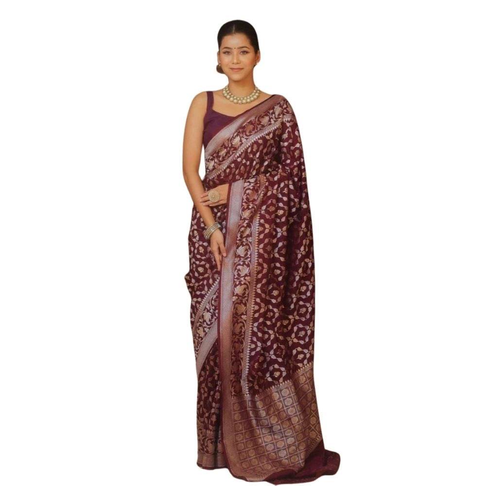 Generic Women's Silk Printed Saree With Unstitched Blouse 5.5Mtr (Maroon) - MYLUXURY LANE ENTERPRISE