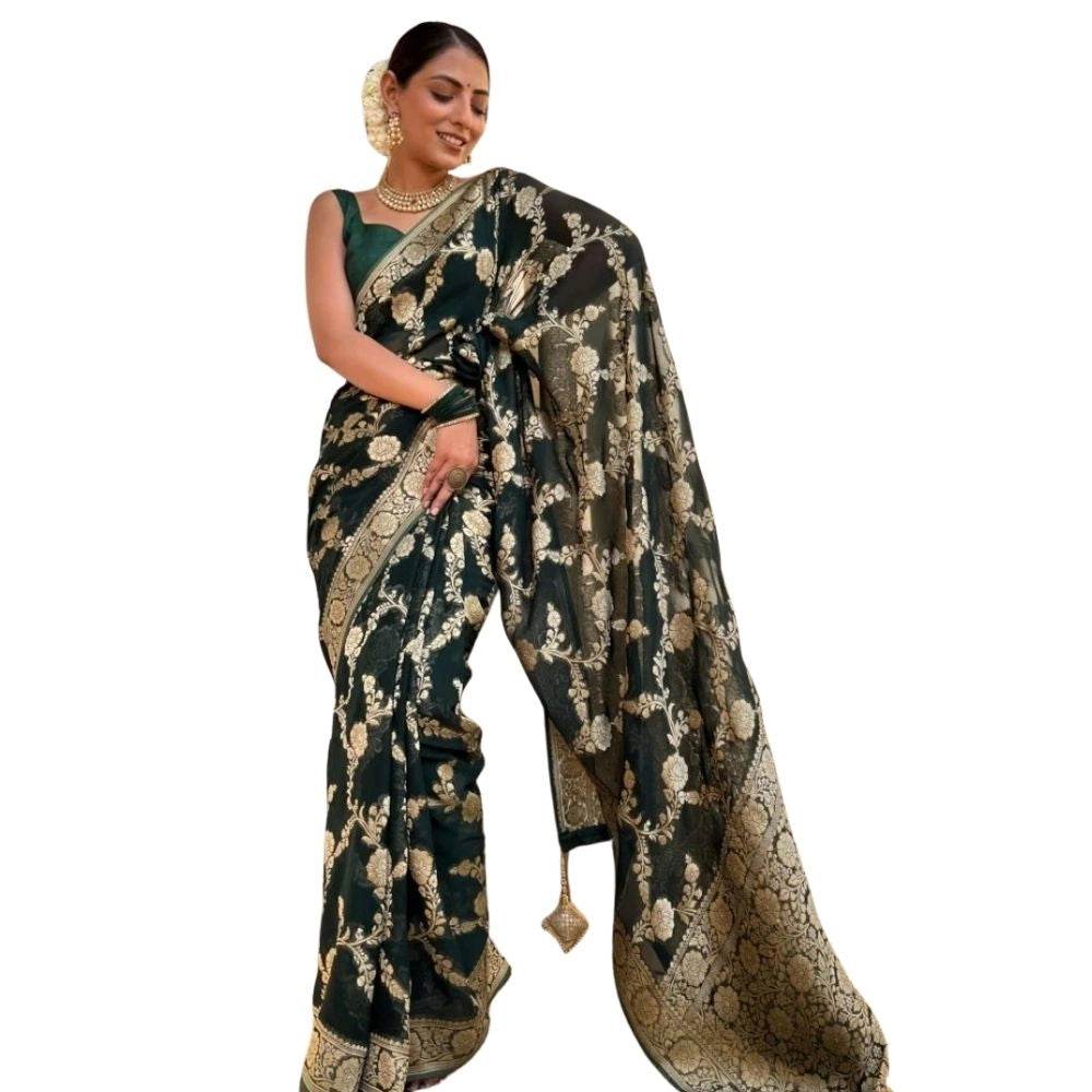 Generic Women's Silk Printed Saree With Unstitched Blouse 5.5Mtr (Dark Green) - MYLUXURY LANE ENTERPRISE