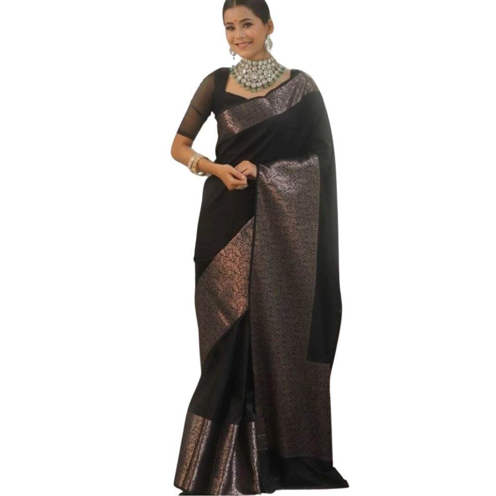 Generic Women's Silk Printed Saree With Unstitched Blouse 5.5Mtr (Black) - MYLUXURY LANE ENTERPRISE
