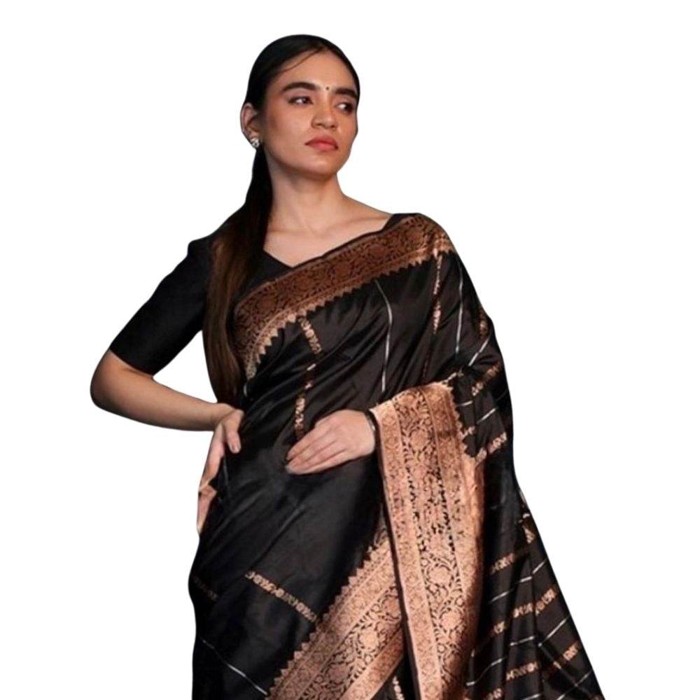 Generic Women's Silk Printed Saree With Unstitched Blouse 5.5Mtr (Black) - MYLUXURY LANE ENTERPRISE