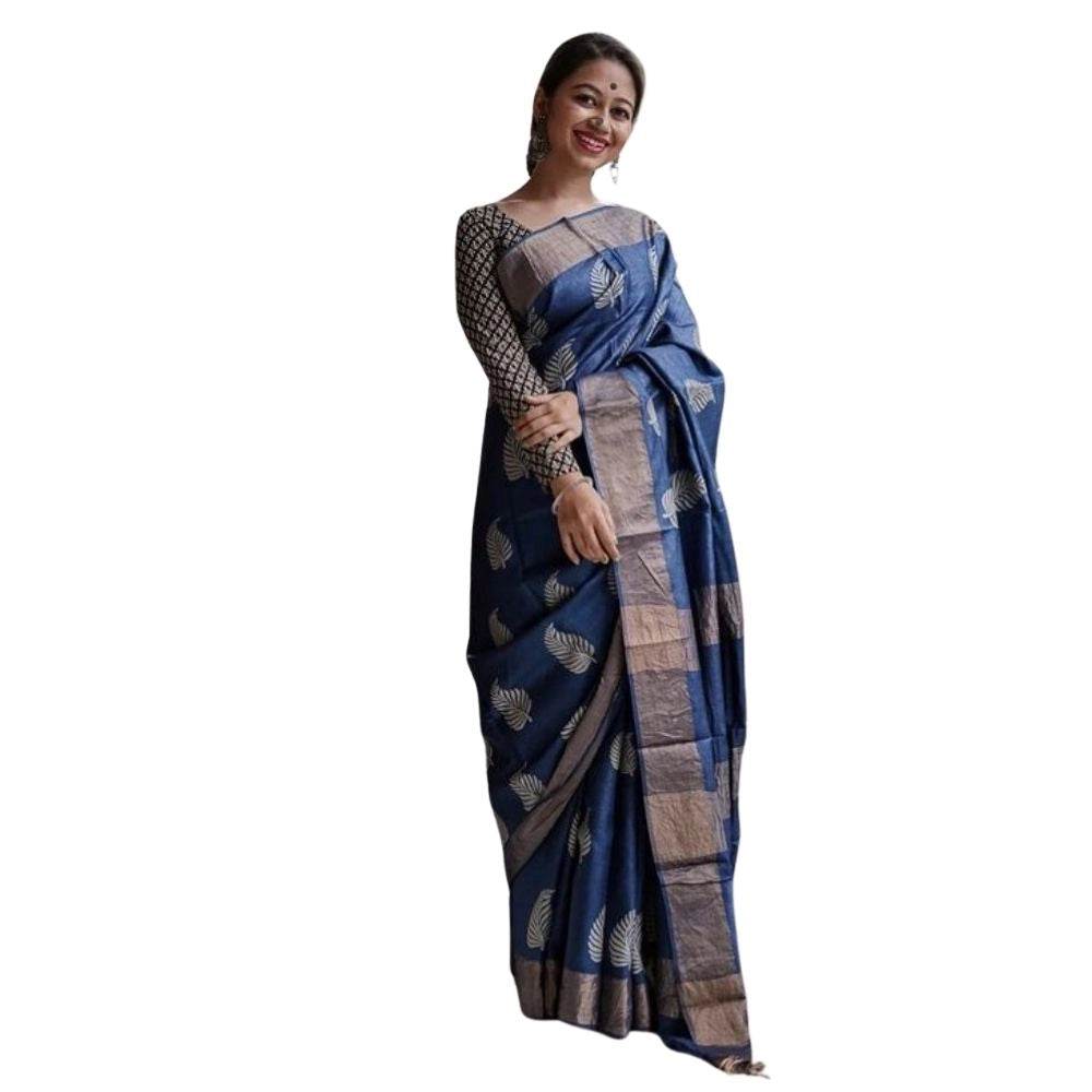 Generic Women's Silk Printed Saree With Unstitched Blouse 5.5Mtr (Navy Blue) - MYLUXURY LANE ENTERPRISE