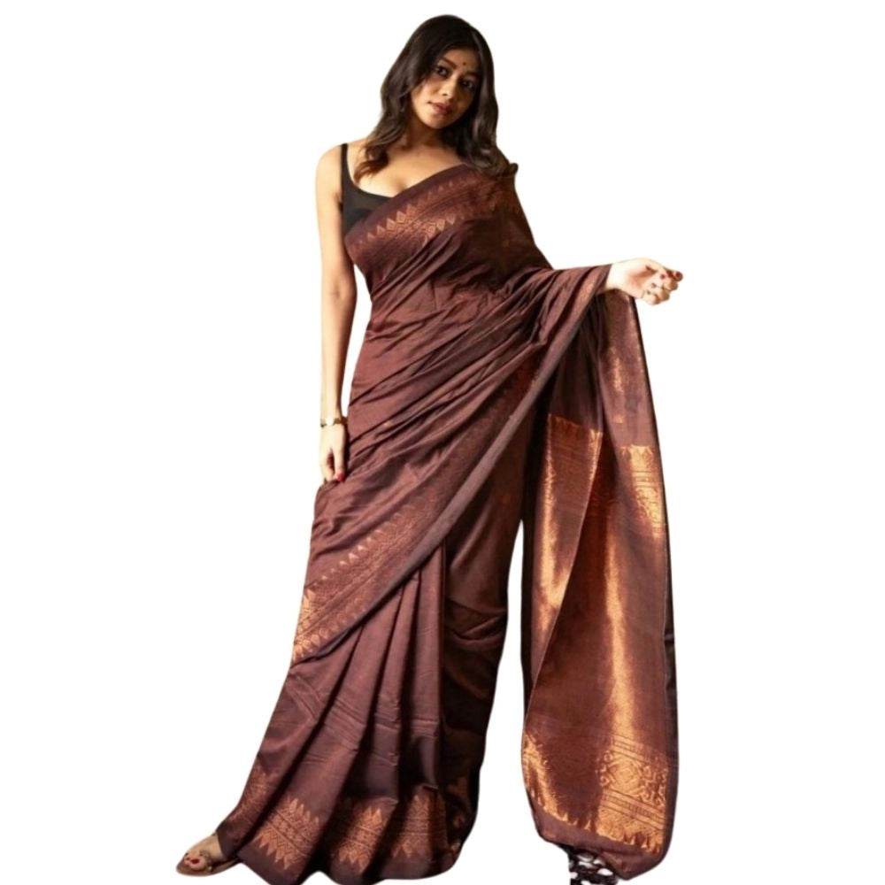 Generic Women's Silk Printed Saree With Unstitched Blouse 5.5Mtr (Coffee) - MYLUXURY LANE ENTERPRISE