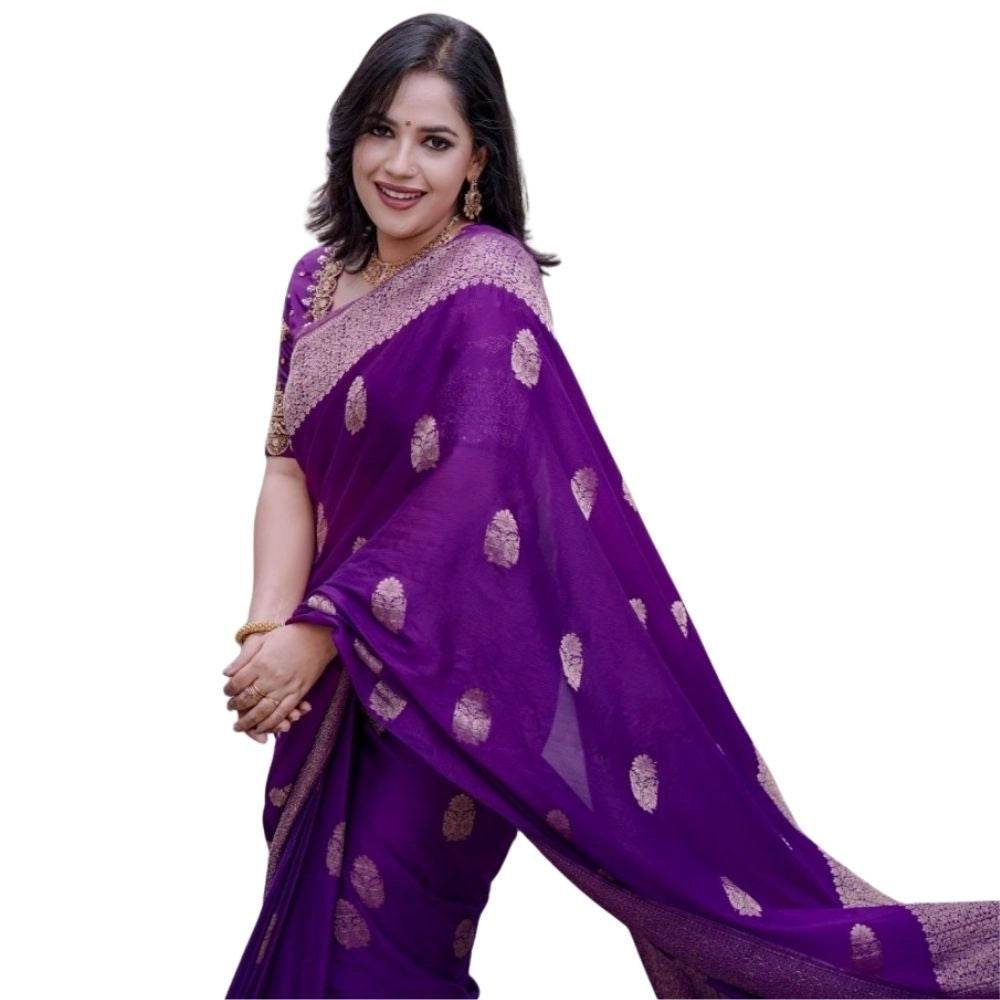 Generic Women's Silk Printed Saree With Unstitched Blouse 5.5Mtr (Purple) - MYLUXURY LANE ENTERPRISE