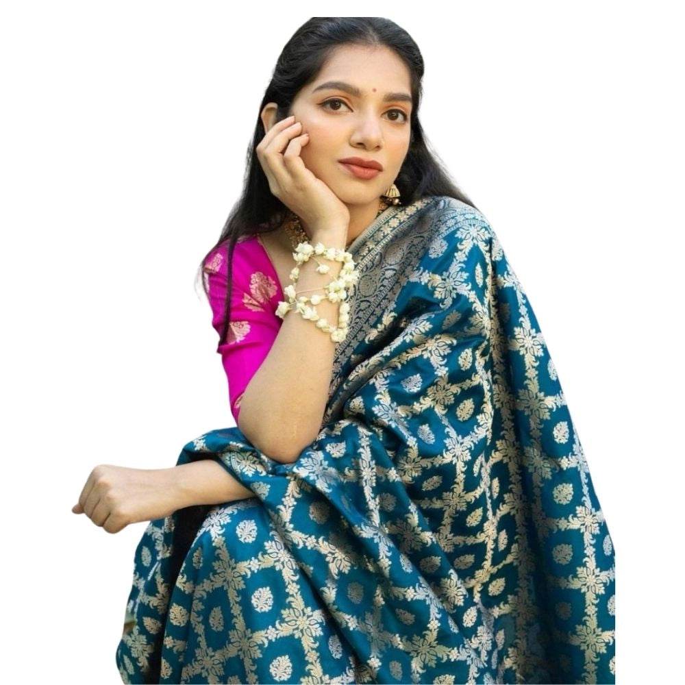 Generic Women's Silk Printed Saree With Unstitched Blouse 5.5Mtr (Sky Blue) - MYLUXURY LANE ENTERPRISE