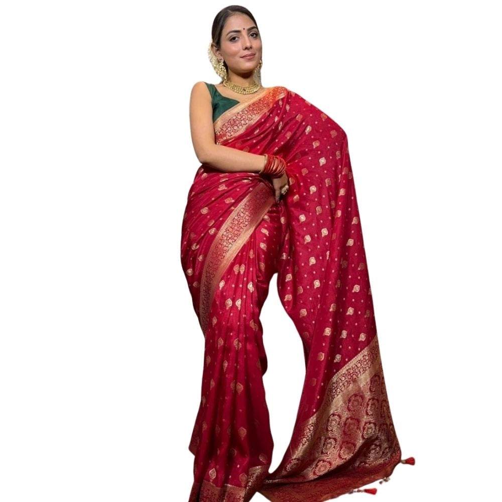 Generic Women's Silk Printed Saree With Unstitched Blouse 5.5Mtr (Red) - MYLUXURY LANE ENTERPRISE