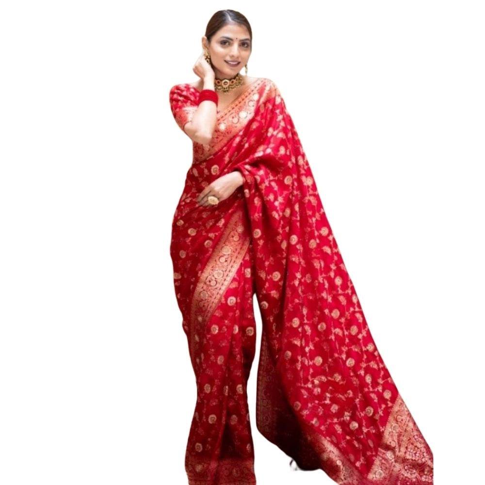 Generic Women's Silk Printed Saree With Unstitched Blouse 5.5Mtr (Red) - MYLUXURY LANE ENTERPRISE