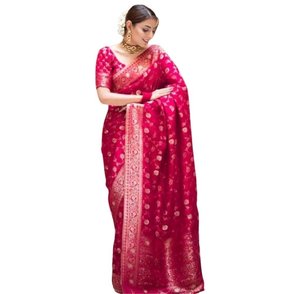 Generic Women's Silk Printed Saree With Unstitched Blouse 5.5Mtr (Rani Pink) - MYLUXURY LANE ENTERPRISE