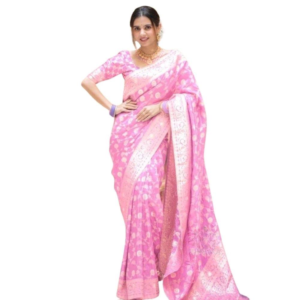 Generic Women's Silk Printed Saree With Unstitched Blouse 5.5Mtr (Pink) - MYLUXURY LANE ENTERPRISE
